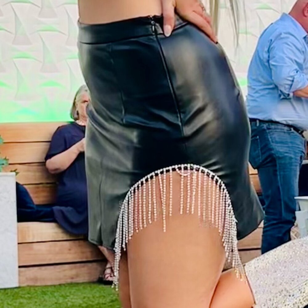 12th Tribe Cammie Black Rhinestone Fringe Mini Skirt